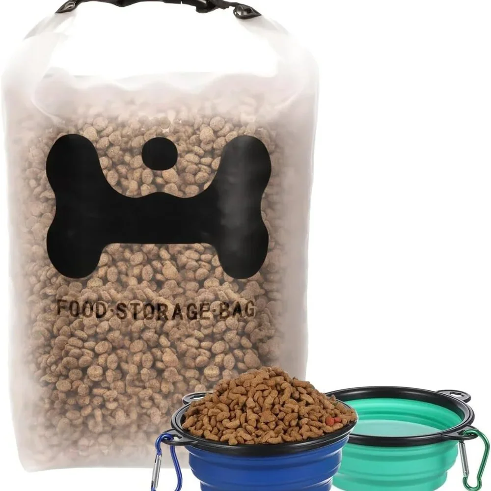 Silicone Pet Food Storage Bag,14-Cup Dog Food Bag with 2PCS Collapsible Travel B
